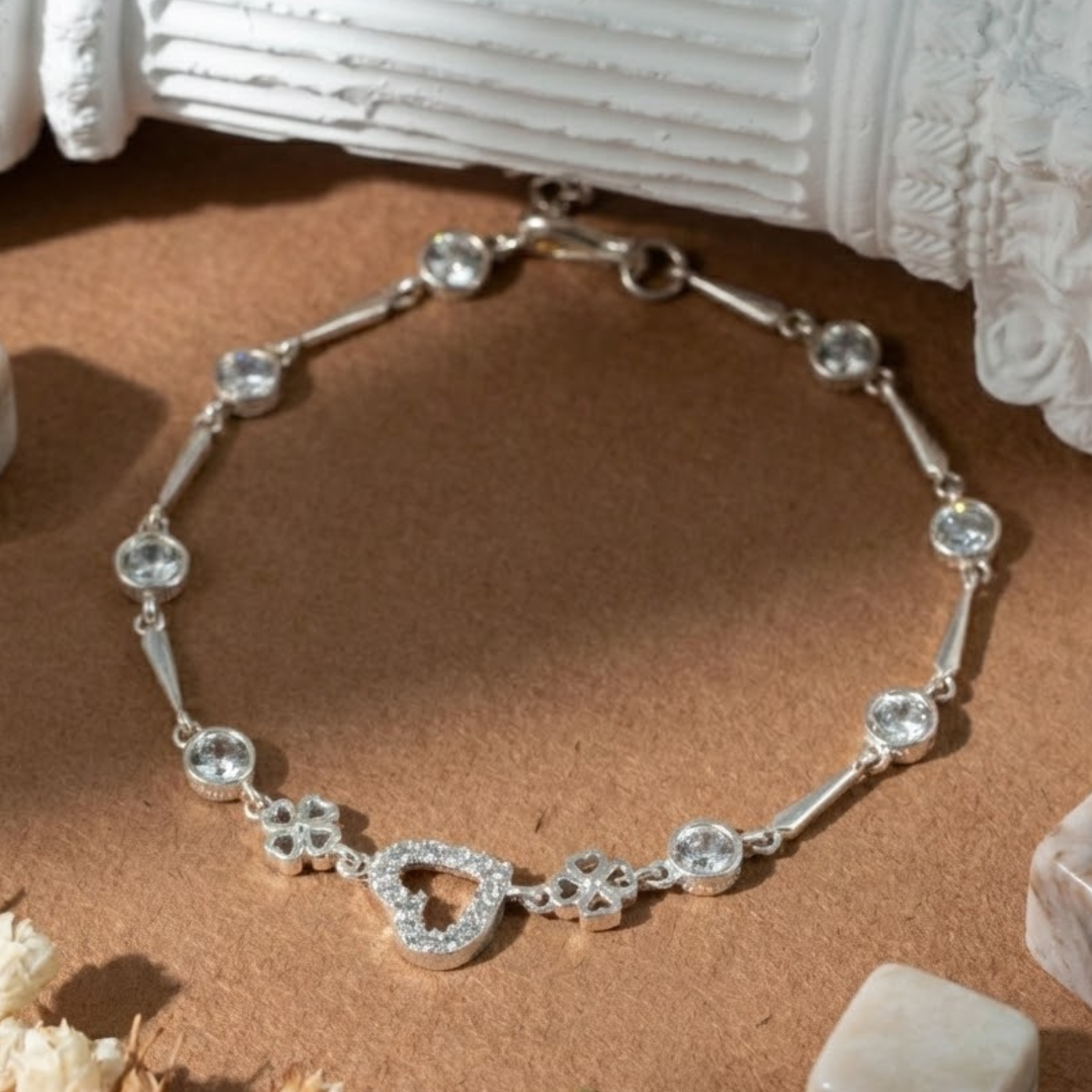  Lắc tay bạc Việt Nam tim rỗng đính đá cạnh cỏ bốn lá | Cáo Bạc 