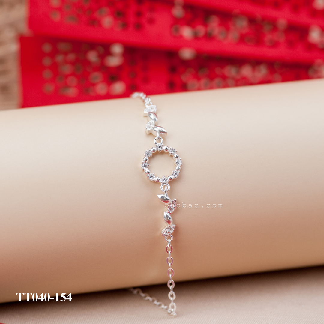  Lắc tay bạc ta tròn rỗng đá lá nhỏ 