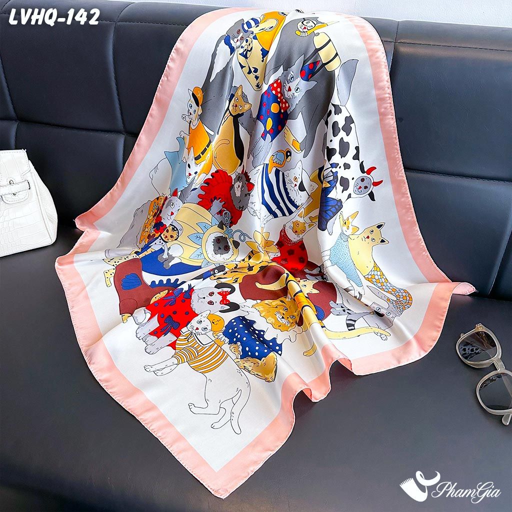 Khăn Lụa Vuông 70*70Cm Phong Cách Hàn Quốc Họa Tiết Mèo Dễ Thương Màu Trắng Hồng (LVHQ142)
