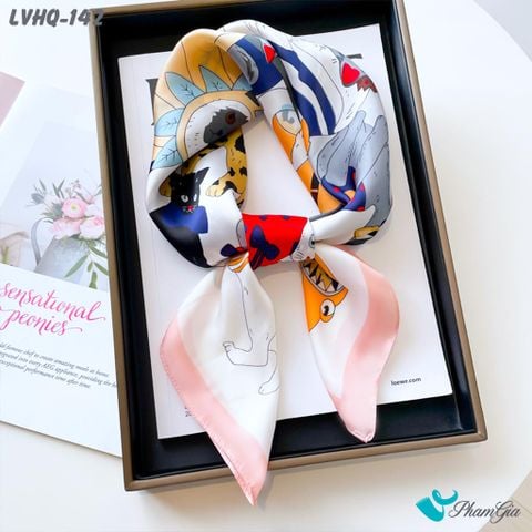 Khăn Lụa Vuông 70*70Cm Phong Cách Hàn Quốc Họa Tiết Mèo Dễ Thương Màu Trắng Hồng (LVHQ142)