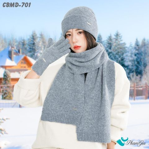 Combo Giữ Ấm Cao Cấp Gồm Khăn Len - Nón Len - Găng Tay Len Siêu Dày Màu Xám (CBMD701)