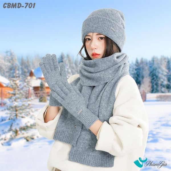 Combo Giữ Ấm Cao Cấp Gồm Khăn Len - Nón Len - Găng Tay Len Siêu Dày Màu Xám (CBMD701)