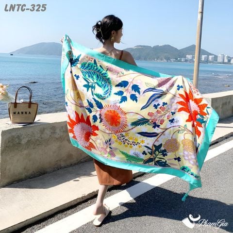 Họa Tiết Khăn Choàng Linen Boho Họa Tiết Vườn Nhiệt Đới Màu Vàng Kem Phối Xanh Mint Tươi Mát