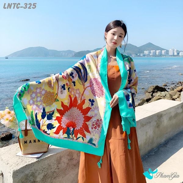 Khăn Choàng Linen Boho Họa Tiết Vườn Nhiệt Đới Màu Vàng Kem Phối Xanh Mint Tươi Mát (LNTC325)