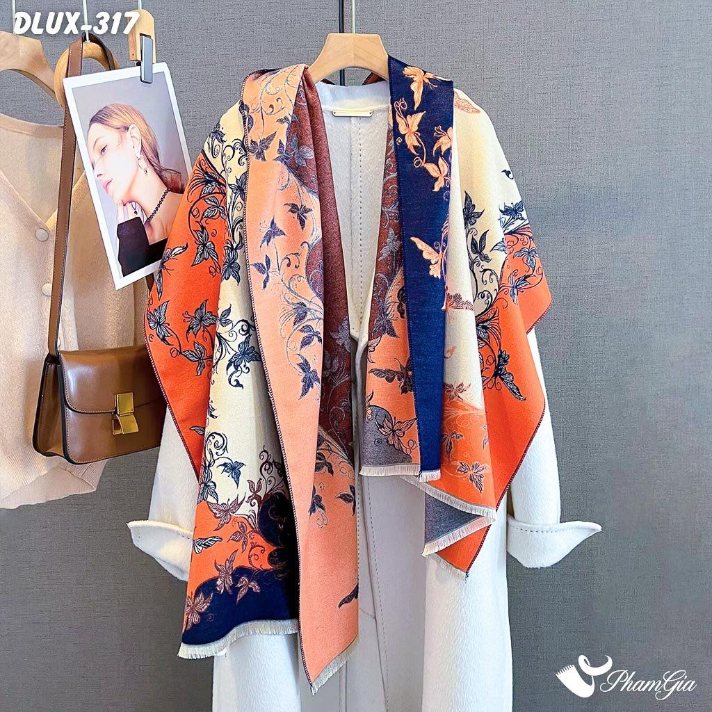 Khăn Choàng Dạ Cashmere Cao Cấp Họa Tiết Hoa Dây Leo Màu Cam - Xanh Navy Trang Nhã (DLUX317)