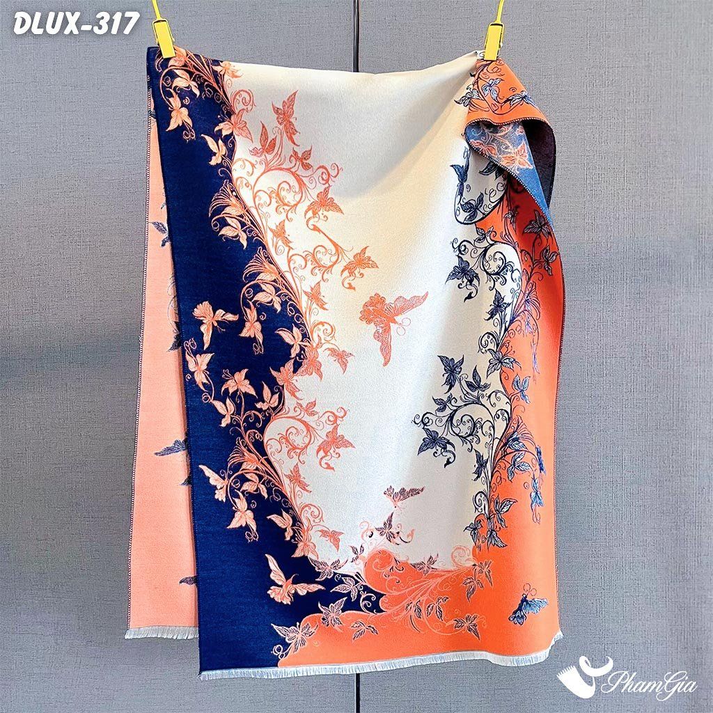 Khăn Choàng Dạ Cashmere Cao Cấp Họa Tiết Hoa Dây Leo Màu Cam - Xanh Navy Trang Nhã (DLUX317)