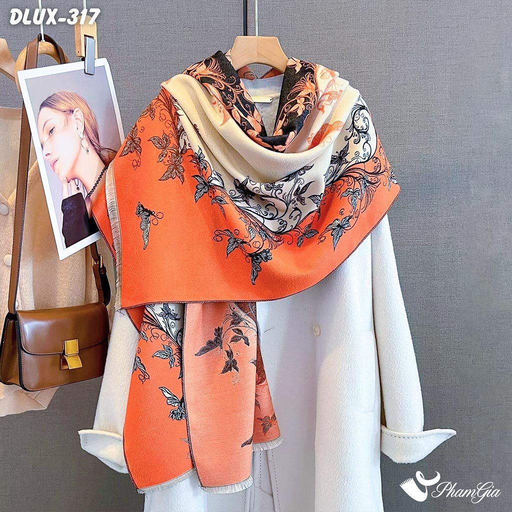 Khăn Choàng Dạ Cashmere Cao Cấp Họa Tiết Hoa Dây Leo Màu Cam - Xanh Navy Trang Nhã (DLUX317)
