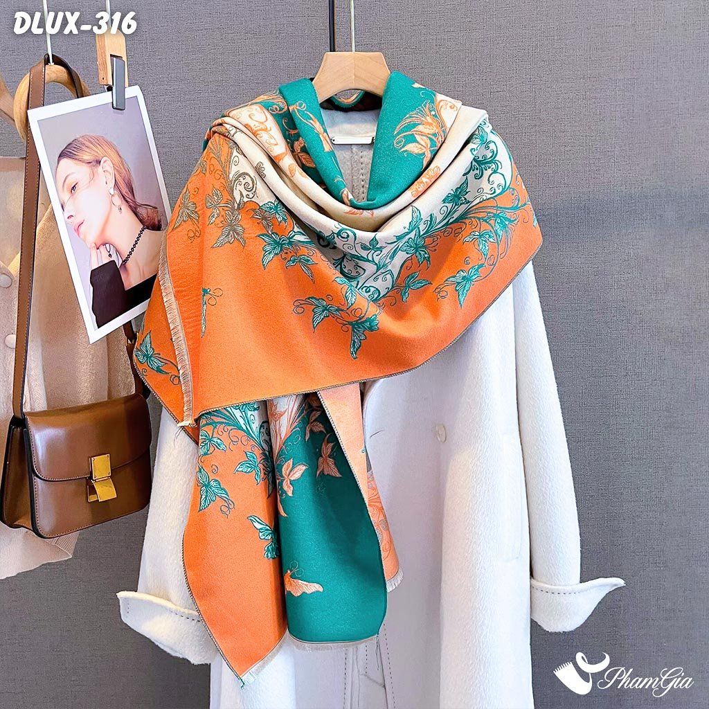 Khăn Choàng Dạ Cashmere Cao Cấp Họa Tiết Hoa Dây Leo Màu Cam - Xanh Ngọc Trang Nhã (DLUX316)
