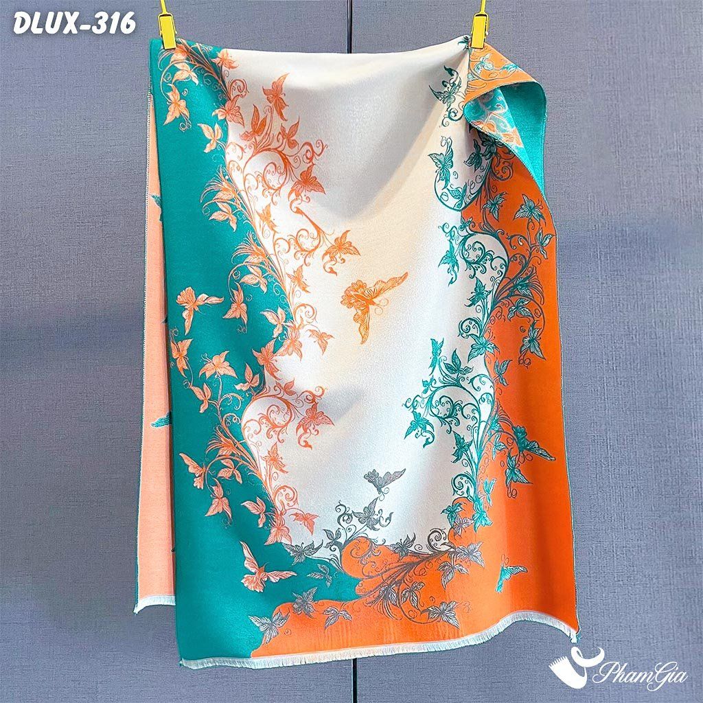 Khăn Choàng Dạ Cashmere Cao Cấp Họa Tiết Hoa Dây Leo Màu Cam - Xanh Ngọc Trang Nhã (DLUX316)