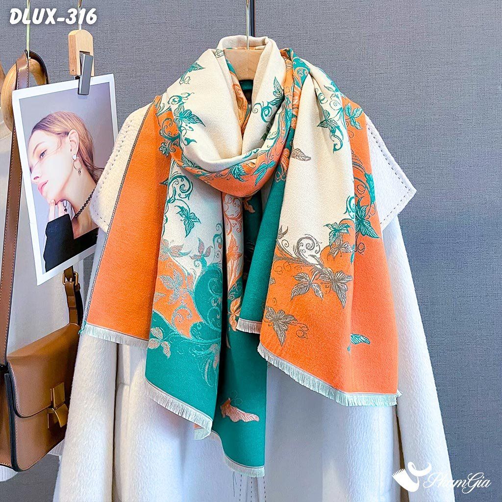 Khăn Choàng Dạ Cashmere Cao Cấp Họa Tiết Hoa Dây Leo Màu Cam - Xanh Ngọc Trang Nhã (DLUX316)