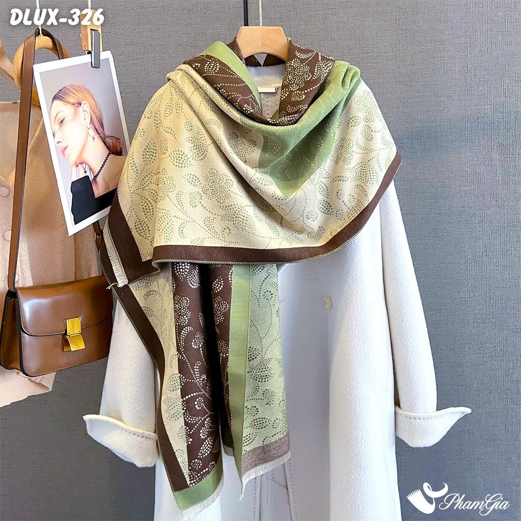 Khăn Choàng Dạ Cashmere Cao Cấp Họa Tiết Hoa Tường Vy Màu Xanh Pastel Thanh Lịch (DLUX326)