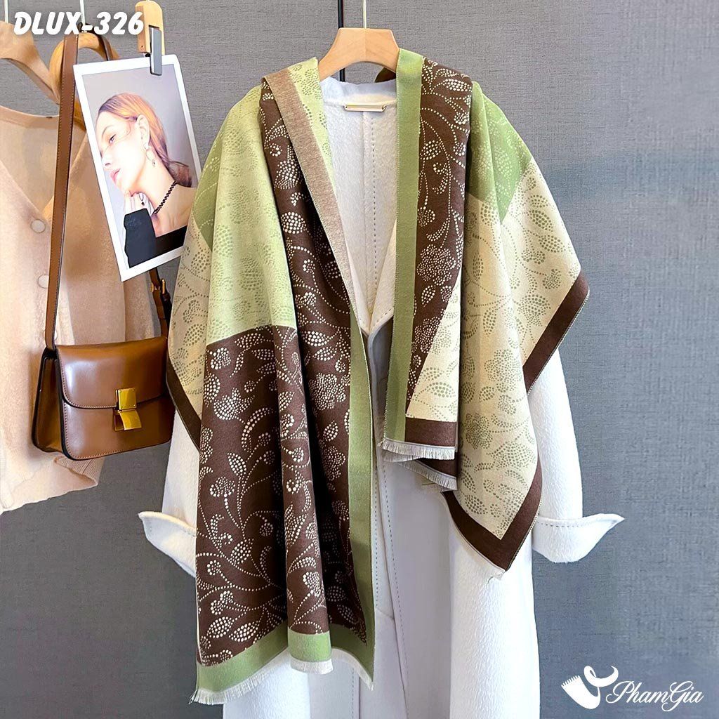 Khăn Choàng Dạ Cashmere Cao Cấp Họa Tiết Hoa Tường Vy Màu Xanh Pastel Thanh Lịch (DLUX326)