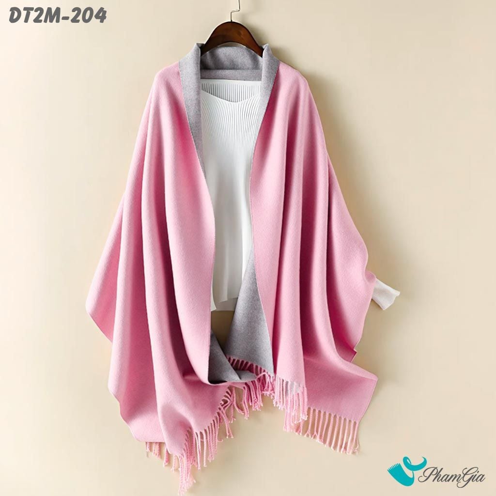 Khăn Choàng Dạ Cashmere Trơn 2 Mặt Phiên Bản Mới Phối Màu Hồng Dâu - Xám Trẻ Trung (DT2M204)