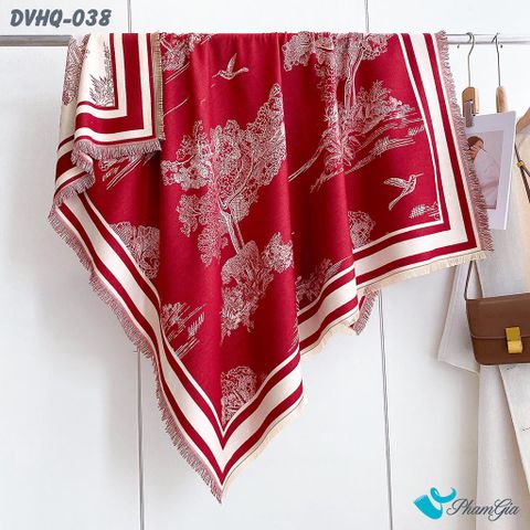 Khăn Choàng Dạ Cashmere Vuông Phong Cách Hàn Quốc Cao Cấp Họa Tiết Cây Cổ Thụ Màu Đỏ