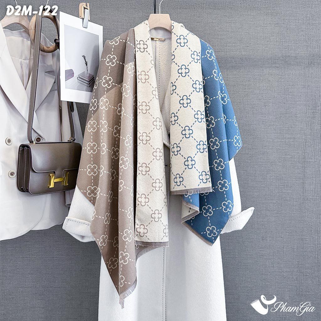 Khăn Choàng Dạ Cashmere 2 Mặt Cao Cấp Họa Tiết Retro Mắt Xích Màu Xanh (D2M122)