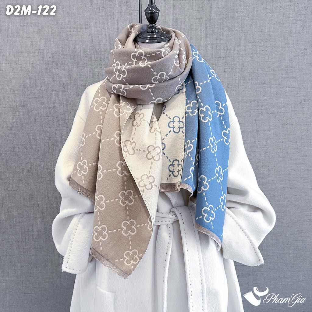 Khăn Choàng Dạ Cashmere 2 Mặt Cao Cấp Họa Tiết Retro Mắt Xích Màu Xanh (D2M122)