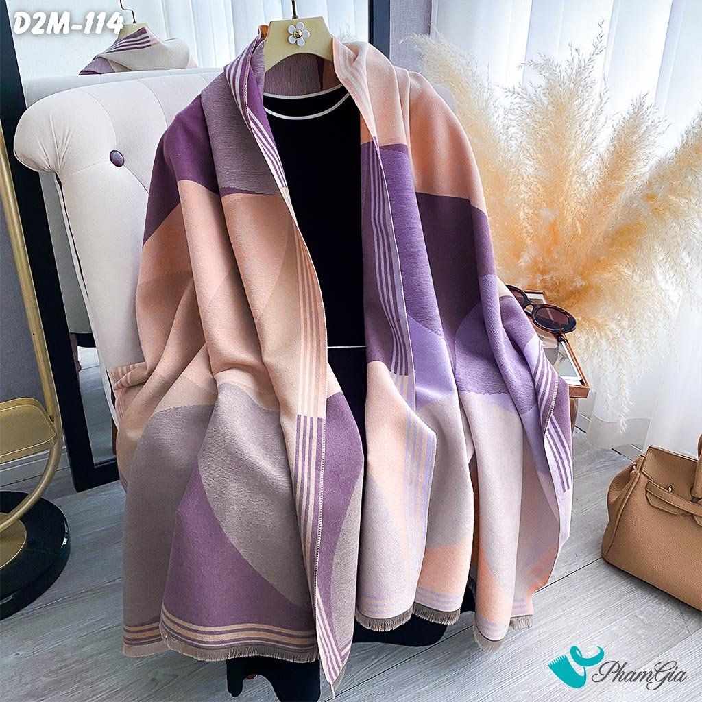 Khăn Choàng Dạ Cashmere 2 Mặt Cao Cấp Họa Tiết Retro Phối Màu Hồng - Tím (D2M114)