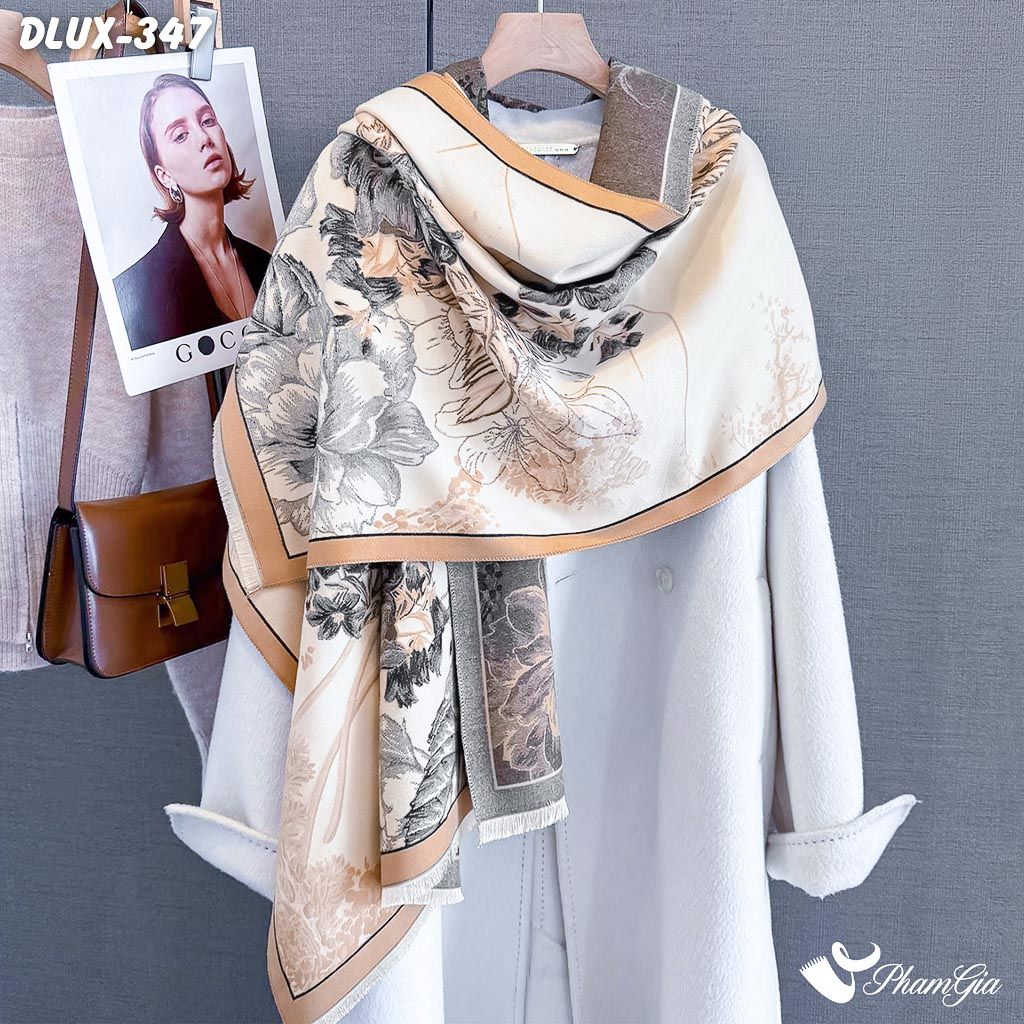 Khăn Choàng Dạ Cashmere Cao Cấp Họa Tiết Hoa Hồng Màu Beige Thanh Lịch (DLUX347)