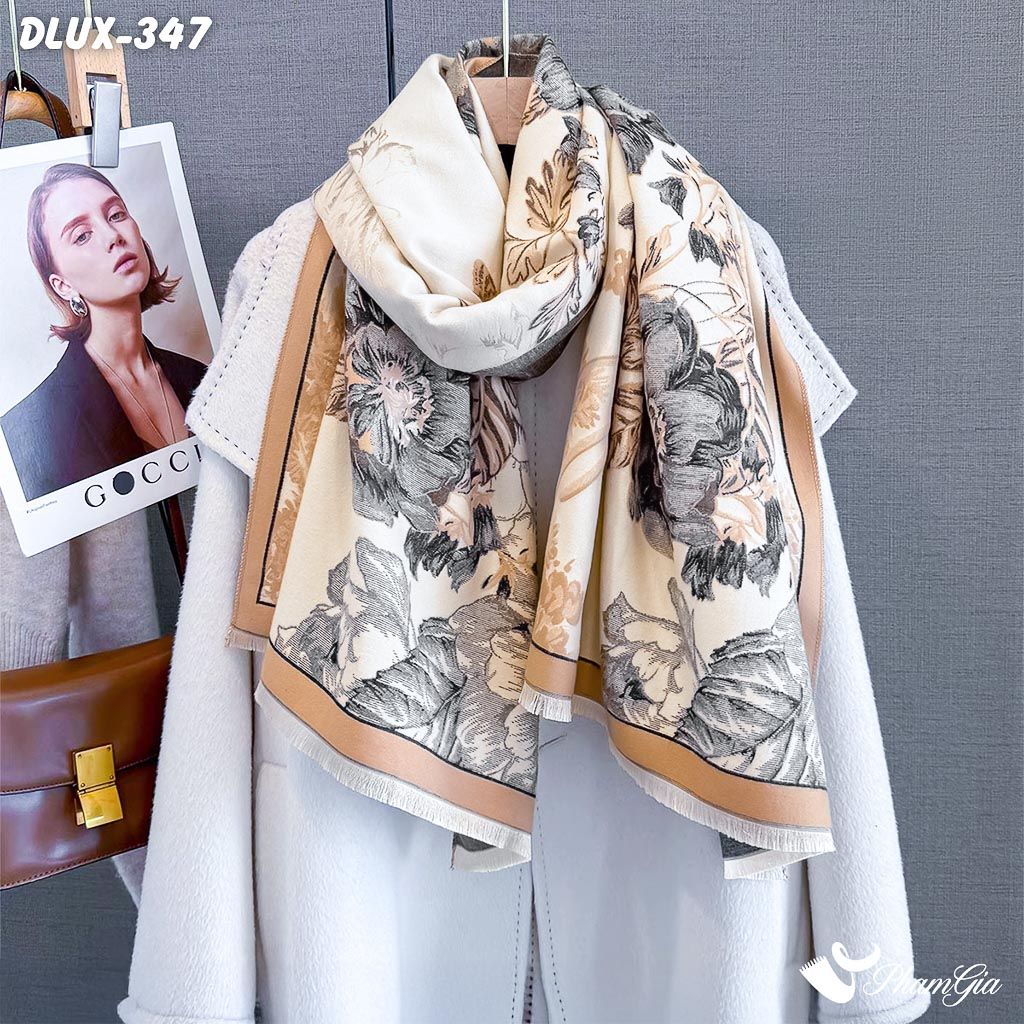Khăn Choàng Dạ Cashmere Cao Cấp Họa Tiết Hoa Hồng Màu Beige Thanh Lịch (DLUX347)