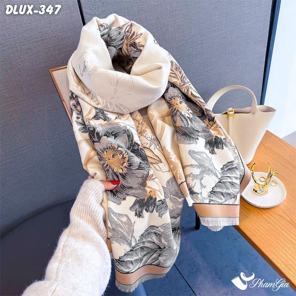 Khăn Choàng Dạ Cashmere Cao Cấp Họa Tiết Hoa Hồng Màu Beige Thanh Lịch (DLUX347)