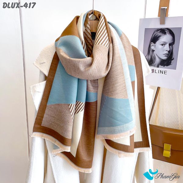 Khăn Choàng Dạ Cashmere Cao Cấp Họa Tiết Lập Thể Phối Màu Nâu - Xanh Cá Tính (DLUX417)