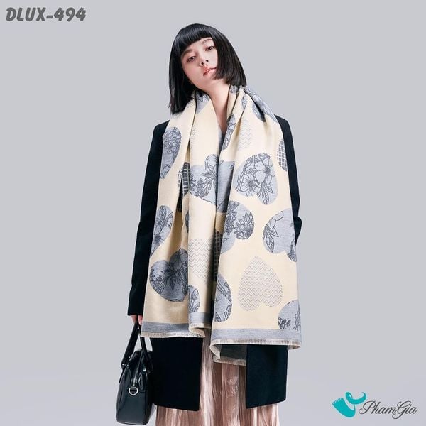 Khăn Choàng Dạ Cashmere Cao Cấp Họa Tiết Trái Tim Màu Xanh Blue Thanh Lịch (DLUX494)
