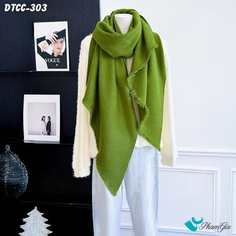 Khăn Choàng Dạ Cashmere Đơn Sắc Phối Lông Vạt Xéo Cao Cấp Màu Xanh Rêu (DTCC303)