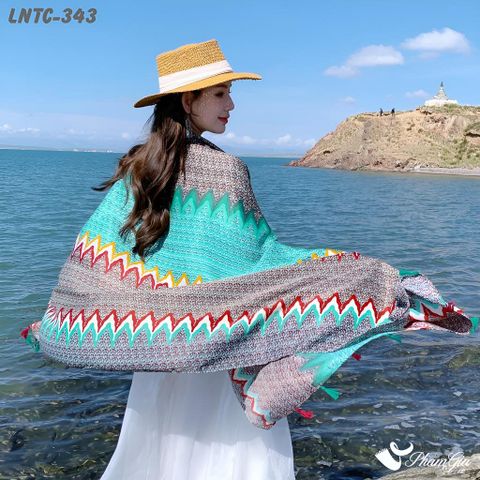 Họa Tiết Khăn Choàng Linen Boho Họa Tiết Ziczac Màu Xám Phối Xanh Mint Tươi Tắn