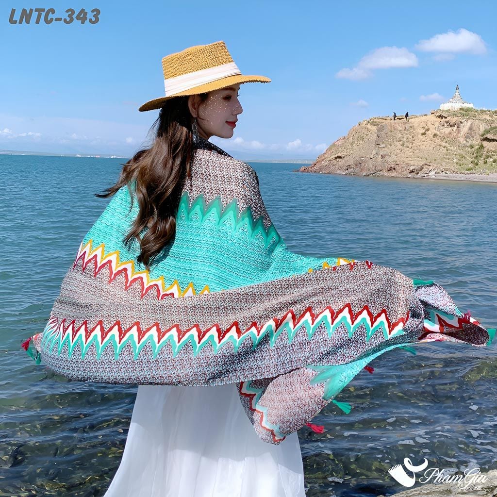 Khăn Choàng Linen Boho Họa Tiết Ziczac Màu Xám Phối Xanh Mint Tươi Tắn (LNTC343)