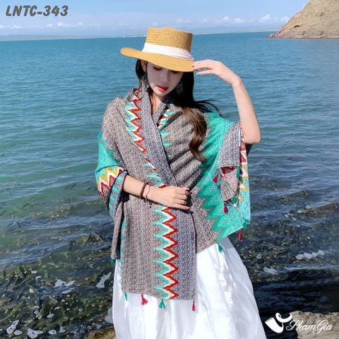Khăn Choàng Linen Boho Họa Tiết Ziczac Màu Xám Phối Xanh Mint Tươi Tắn (LNTC343)
