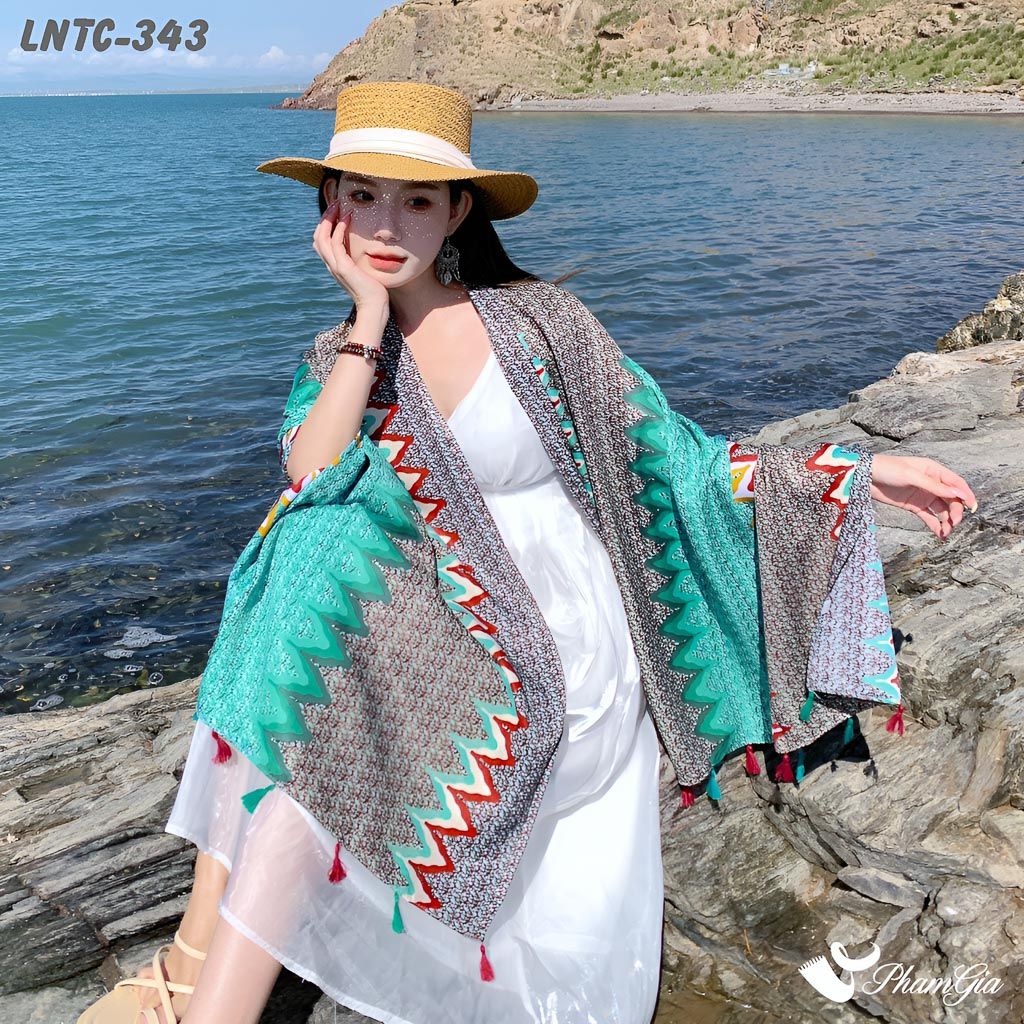 Khăn Choàng Linen Boho Họa Tiết Ziczac Màu Xám Phối Xanh Mint Tươi Tắn (LNTC343)
