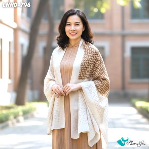 Khăn Choàng Linen Phong Cách Hàn Quốc Họa Tiết Mosaic Kem Nâu Dịu Dàng (LNHQ796)