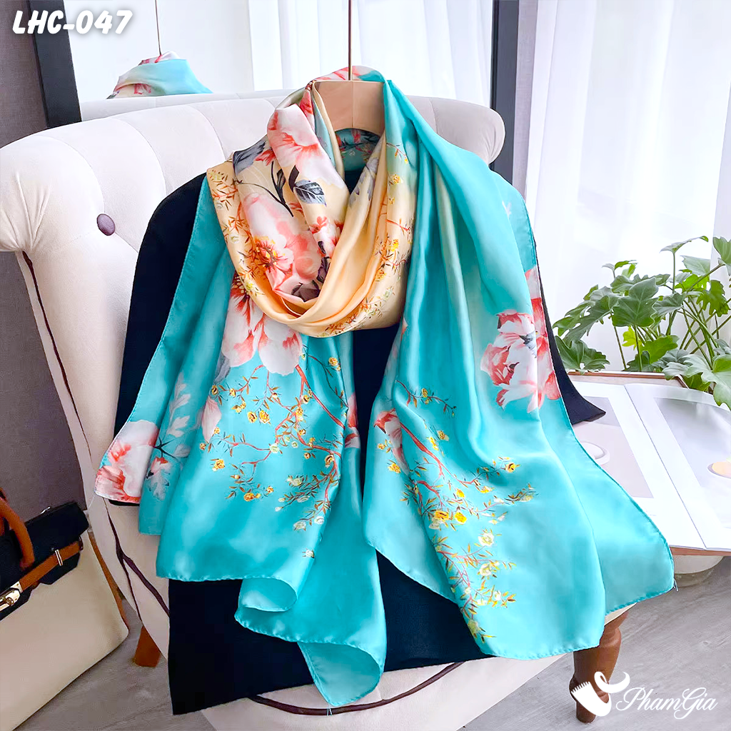 Khăn Choàng Lụa Hàng Châu Họa Tiết Hoa Mẫu Đơn Nền Xanh Ngọc Trang Nhã (LHC047)