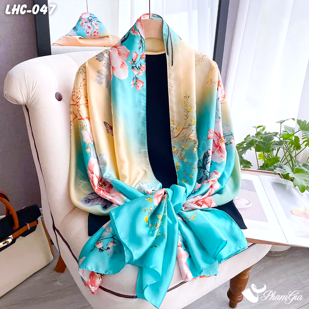 Khăn Choàng Lụa Hàng Châu Họa Tiết Hoa Mẫu Đơn Nền Xanh Ngọc Trang Nhã (LHC047)