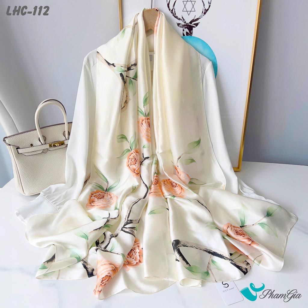 Góc Thẳng Khăn Choàng Lụa Hàng Châu Màu Trắng Kem Họa Tiết Hoa Mẫu Đơn Trang Nhã