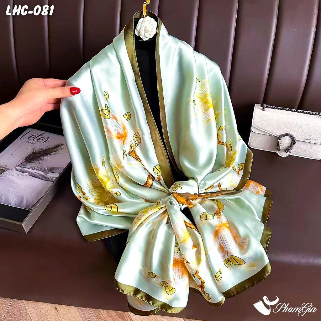 Khăn Choàng Lụa Hàng Châu Màu Xanh Mint Họa Tiết Hoa Mộc Lan Trang Nhã (LHC081)