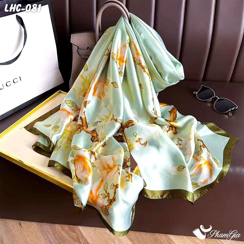Khăn Choàng Lụa Hàng Châu Màu Xanh Mint Họa Tiết Hoa Mộc Lan Trang Nhã (LHC081)