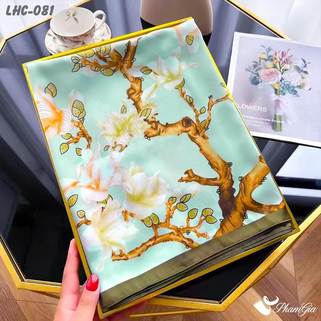 Khăn Choàng Lụa Hàng Châu Màu Xanh Mint Họa Tiết Hoa Mộc Lan Trang Nhã (LHC081)