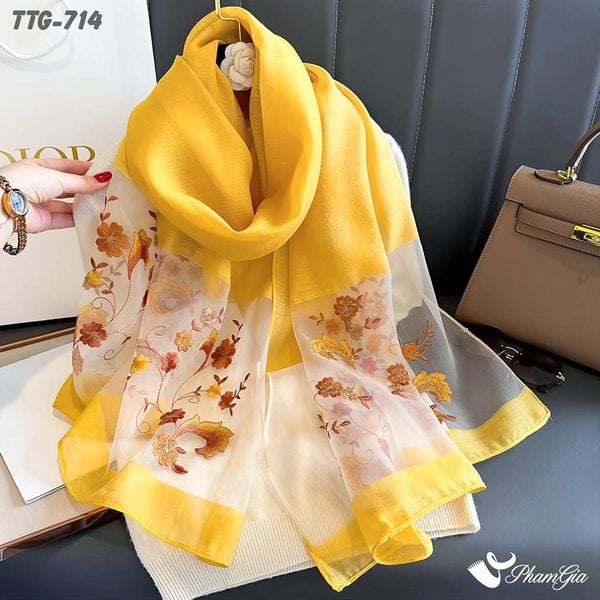 Khăn Choàng Tơ Tằm Gân Cao Cấp Thêu Hoa Thiên Tử Màu Vàng Gold Tinh Tế (TTG714)