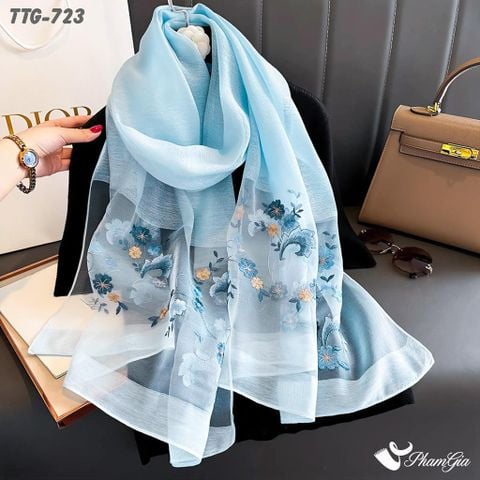 Khăn Choàng Tơ Tằm Gân Cao Cấp Thêu Hoa Thiên Tử Màu Xanh Baby Tinh Tế