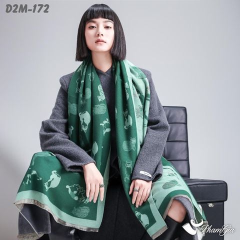 Người Mẫu Choàng Khăn Choàng Dạ Cashmere 2 Mặt Cao Cấp Họa Tiết Mèo Nhỏ Màu Xanh Két Dễ Thương