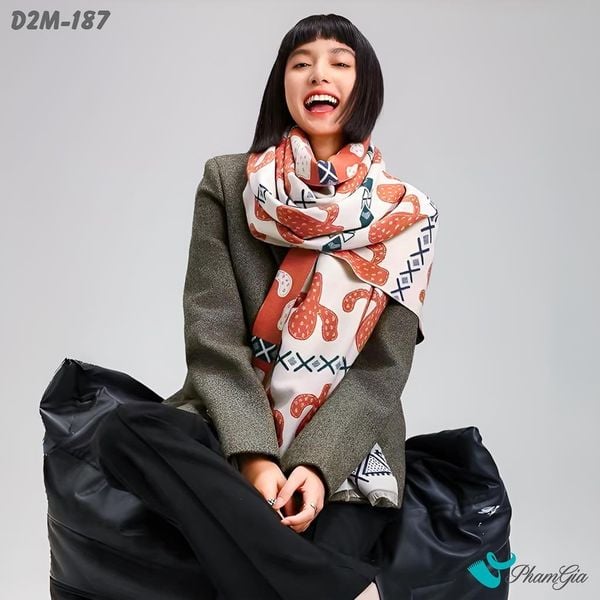 Khăn Choàng Dạ Cashmere 2 Mặt Cao Cấp Họa Tiết Thổ Cẩm Xương Rồng Màu Cam Cá Tính (D2M187)
