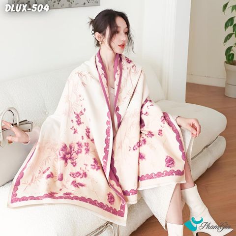 Model Choàng Khăn Choàng Dạ Cashmere Cao Cấp Họa Tiết Đài Sen Phối Màu Hồng - Kem Duyên Dáng
