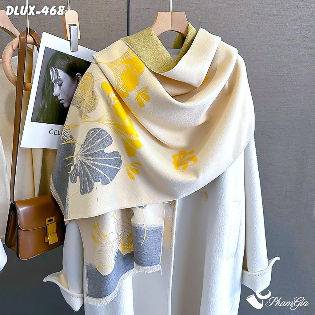 Góc Nghiêng Khăn Choàng Dạ Cashmere Cao Cấp Họa Tiết Hoa Rẻ Quạt Màu Vàng Gold Sang Trọng