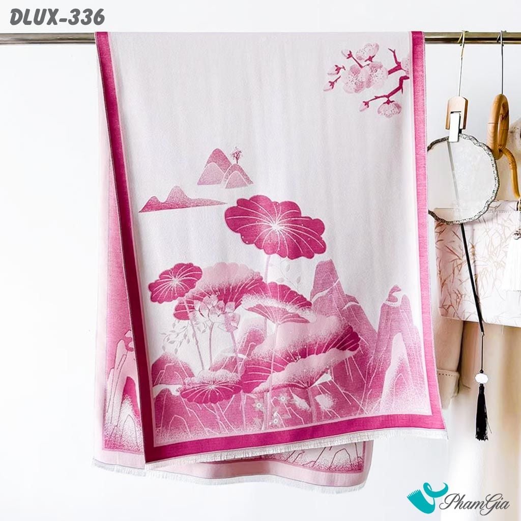 Khăn Choàng Dạ Cashmere Cao Cấp Họa Tiết Hoa Sen Sơn Thủy Màu Hồng Sang Trọng (DLUX336)