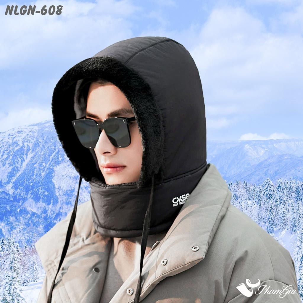 Người Mẫu Nón Lông Giữ Nhiệt Chuyên Dụng Tích Hợp Khẩu Trang Giữ Ấm Siêu Dày Màu Đen
