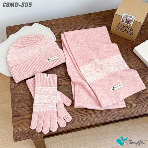 Combo Giữ Ấm Chuyên Dụng Gồm Khăn Len - Nón Len - Găng Tay Len Siêu Dày Màu Hồng Phối Họa Tiết (CBMD505)