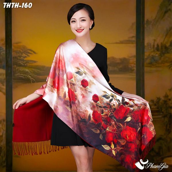 Khăn Choàng Tằm Hoa Thượng Hải 2 Lớp Cao Cấp Họa Tiết Hoa Hồng Nhung Màu Đỏ Đô Rực Rỡ (THTH160)