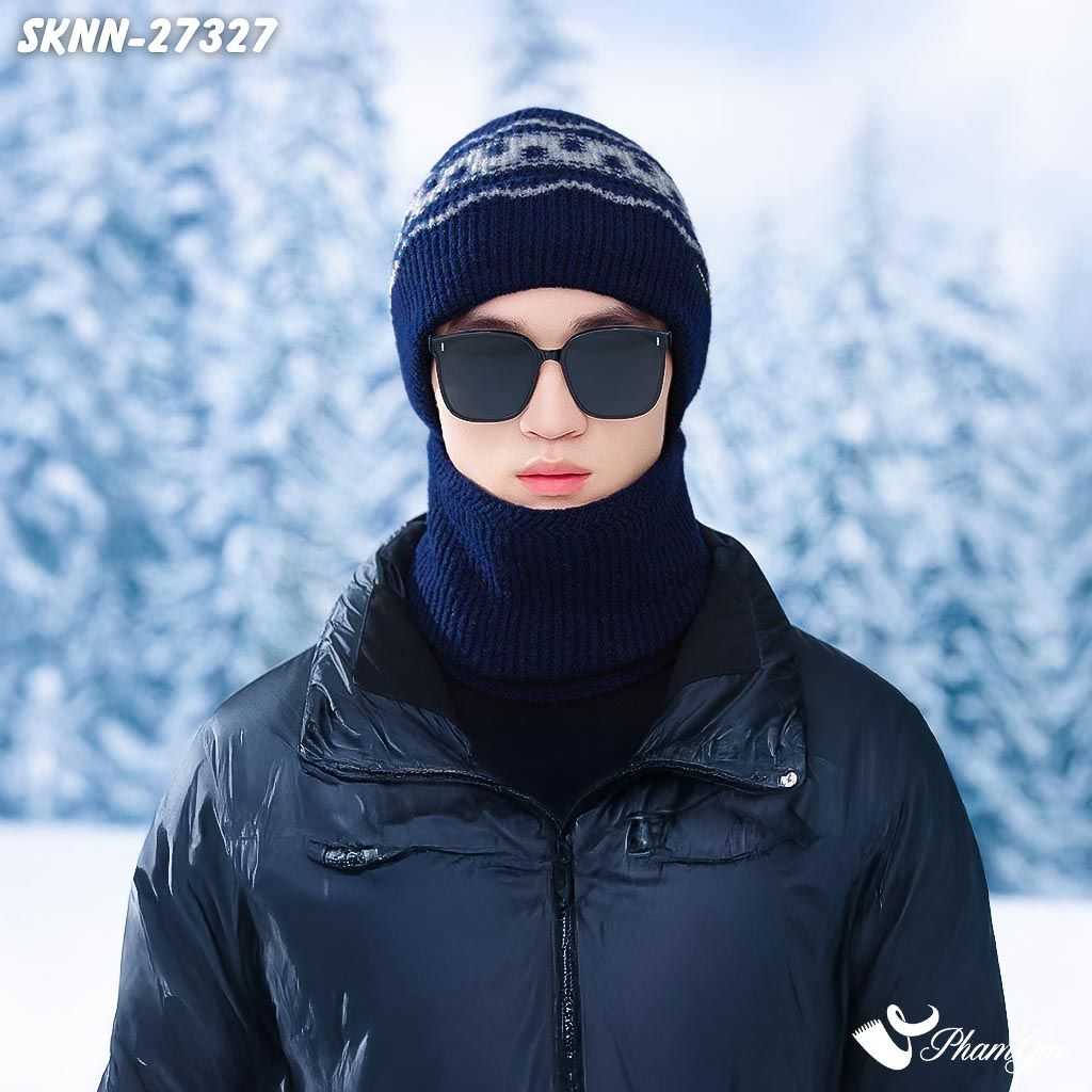 Set Khăn Nón Len Beanie Giữ Ấm Unisex Họa Tiết Mùa Đông Màu Xanh Navy (SKNN27327)