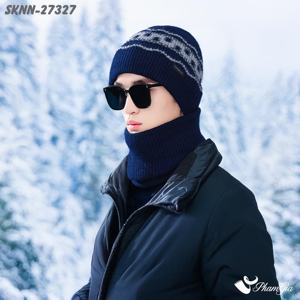 Set Khăn Nón Len Beanie Giữ Ấm Unisex Họa Tiết Mùa Đông Màu Xanh Navy (SKNN27327)